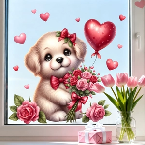 Cute puppy with flowers heart window sticker for romantic bedroom glass decoration