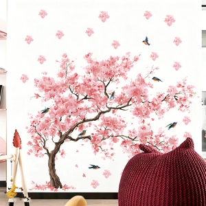 Pink cherry blossom wall sticker with birds and flowers for modern bedroom decor