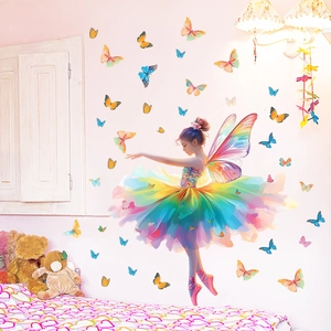 Rainbow ballerina girl wall sticker with colorful butterfly decals for children bedroom