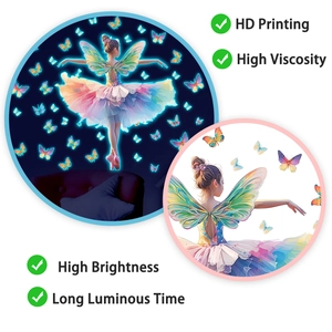 Luminous wall sticker showing glowing butterfly girl in dark vs daytime HD detail