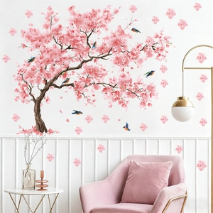 Pink watercolor cherry blossom tree wall decal with birds for living room decor