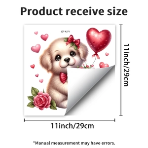 Detail of 29cm puppy heart window sticker with floral design and size specifications