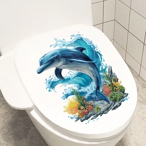 Self-adhesive dolphin ocean scene toilet lid sticker with coral and seaweed decoration