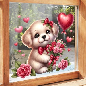 Cartoon puppy with roses window cling decal for bedroom glass decoration