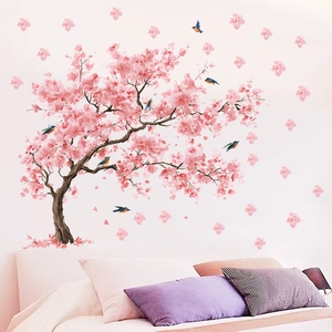 Pink cherry blossom wall sticker with birds and tree branch for bedroom home decoration