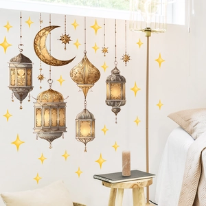 Golden Eid Ramadan wall stickers with crescent moon and stars for bedroom decor
