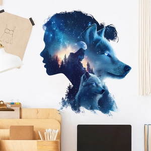 Artistic fantasy forest wall sticker with female profile and wolves for room decor