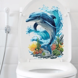 Waterproof PVC toilet seat sticker with creative blue dolphin and ocean seaweed design