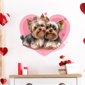 Cute Yorkshire Terrier puppies wall sticker with large pink heart for home decor