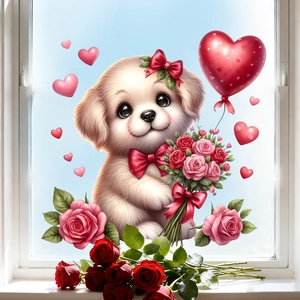 Close-up of a cute 3D cartoon puppy window sticker with pink roses and a heart balloon