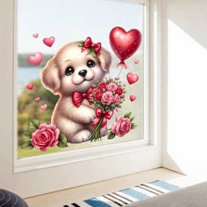 Close-up of cute puppy window sticker with pink roses and red heart balloons decor
