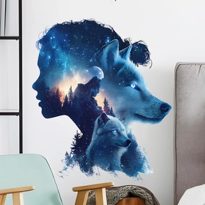 Fantasy Forest Wolf Silhouette Wall Decal PVC Self Adhesive Double Exposure Starry Sky Home Decor Sticker For Living Room Bedroom
