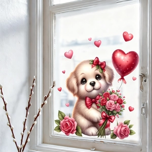 Close-up of cute dog with roses static glass sticker on white wooden window frame