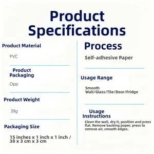Detailed specification chart for PVC self-adhesive wall decals with size and weight info