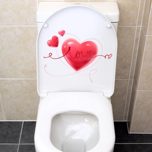 Red 3D watercolor heart toilet lid sticker with Love text for bathroom decor