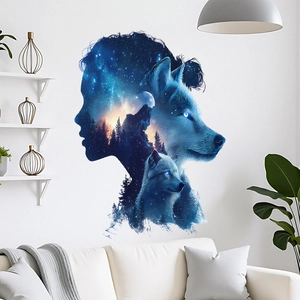 Fantasy forest wall sticker featuring double exposure female silhouette and blue wolves