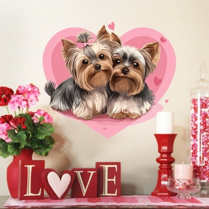Self-adhesive wall sticker featuring cute Yorkshire Terriers with pink hearts for home decor