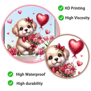 Detail of high-definition printing on a waterproof puppy and floral window sticker