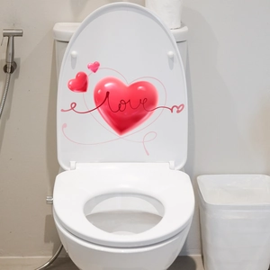 Watercolor 3D red heart and Love text self-adhesive sticker on white toilet lid
