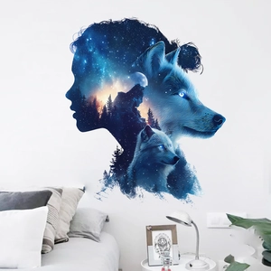 Artistic forest and wolf silhouette wall sticker for modern bedroom and living room decor
