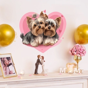 Cute Yorkshire Terrier heart wall sticker for wedding bedroom decor with floral accents