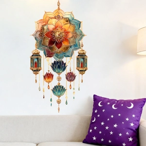 Colorful Lotus Mandala wall sticker with hanging lantern ornaments for home decor