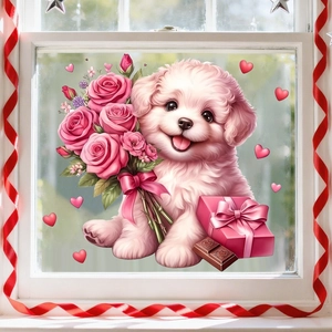 Puppy with pink roses heart window cling sticker for romantic bedroom glass decor