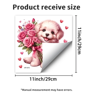 Detailed size guide of puppy with flowers glass sticker measuring 11x11 inches