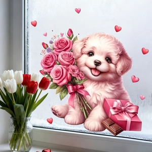 Cartoon puppy and rose window sticker with heart accents for Valentine decoration
