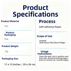 Specifications for self-adhesive PVC dog wall decal showing 29x26 cm dimensions and packaging