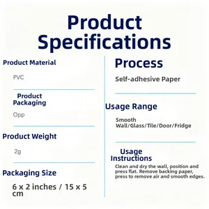 Detailed PVC wall sticker specifications showing product size and self-adhesive material info