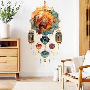 Exotic lotus mandala wall sticker with hanging lanterns for home decor