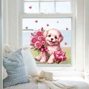 Close-up of pink puppy window sticker with roses and hearts for glass decoration