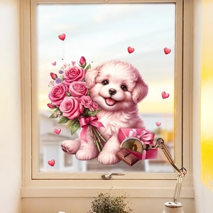 Detail of pink puppy static window cling with roses for cozy bedroom glass decoration