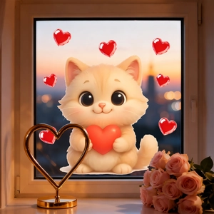 Cute kitten with red heart window static sticker for Valentine bedroom decoration