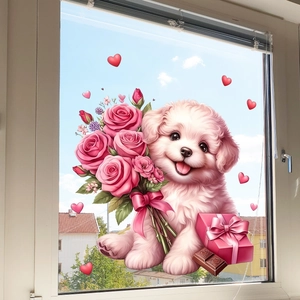 Detailed view of dog with roses and heart chocolate window sticker on glass