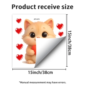 Detail view of cute cat heart glass sticker with 15 inch dimension guide and JDT-A373 label