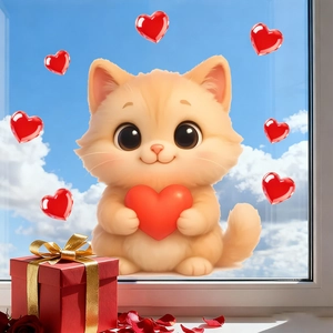 Cute orange cat static window cling with red hearts for Valentine bedroom glass decoration