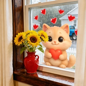 Cute kitten and red heart window stickers for Valentine's Day glass decoration
