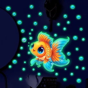 Luminous goldfish wall sticker set with glowing bubbles for dark bedroom and nursery decor