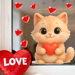 Cute orange cat window cling with red hearts for Valentine's Day glass decoration