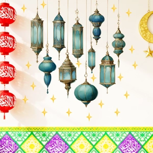 Middle Eastern Style Blue Lanterns Stars Wall Stickers Ramadan Eid PVC Self-adhesive Home Decals For Bedroom Living Room
