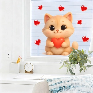 Valentine Cute Cartoon Cat Heart Window Sticker Static Cling PVC Decal For Glass Living Room Bedroom Home Decoration