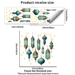 Blue and gold Middle Eastern lantern wall decals showing product dimensions and layout