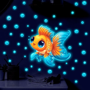 Glow in the dark goldfish wall stickers with luminous bubbles for children bedroom decoration