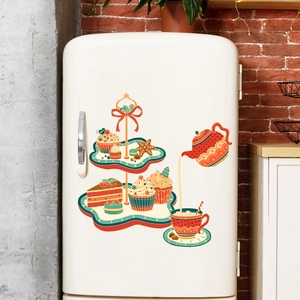 Retro afternoon tea dessert fridge magnets set with teapot and cake on vintage fridge
