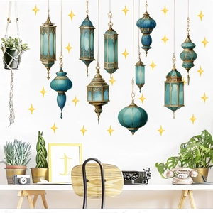 Blue Middle Eastern lanterns and gold stars wall stickers for festive home decor