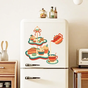 Retro afternoon tea dessert fridge magnets on cream vintage refrigerator in warm kitchen