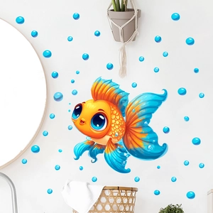 Cartoon goldfish and blue bubbles wall stickers set for living room wall decoration