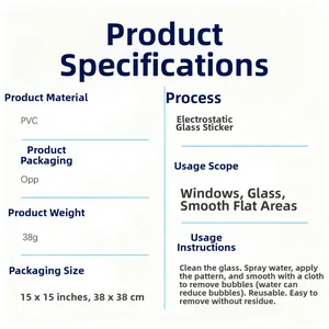 Specifications of PVC static cat window sticker with size 38x38cm and 38g weight details